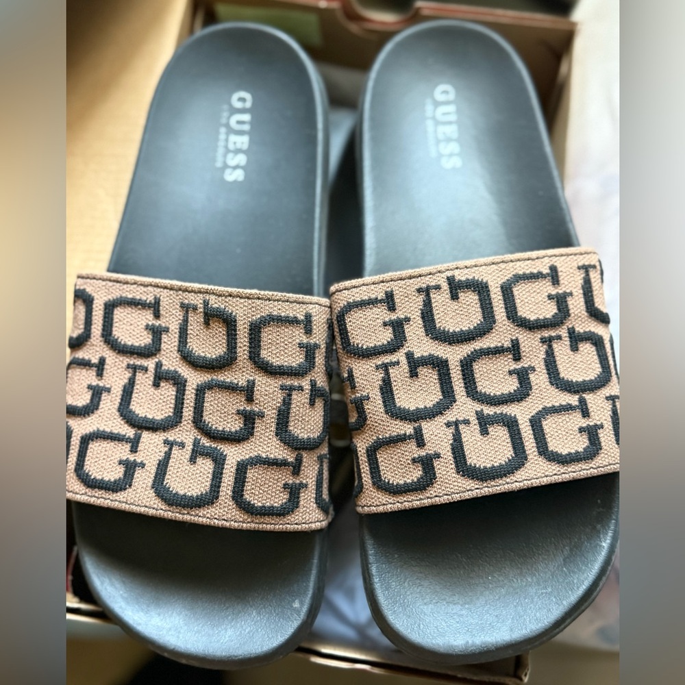 GUESS Logo Black and Tan Slides